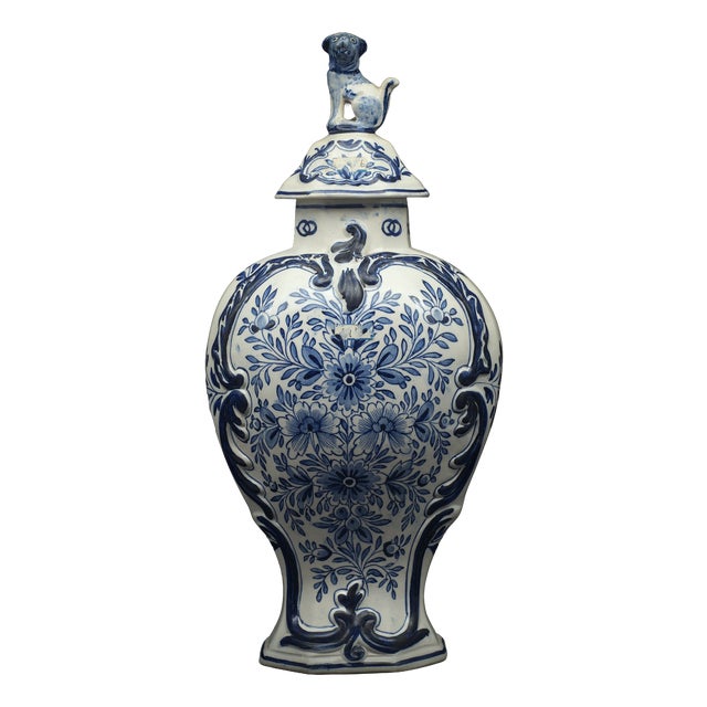 Antique Blue and White Cover Floral Vase from Royal Delft, 1893 For Sale