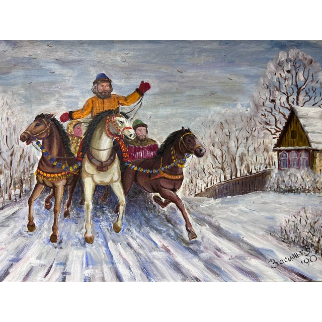 1990 Artist V.Vasilyev Oil Painting on Canvas Genre Scene "Festival Maslenitsa" For Sale In Jacksonville, FL - Image 6 of 10
