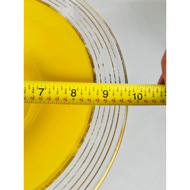 Vintage Bohemian Czech Handblown Yellow Glass Vase With Painted Gold Rings and Wide Rim – Mid-Century Gilded Art Glass Centerpiece For Sale In Boise - Image 6 of 11