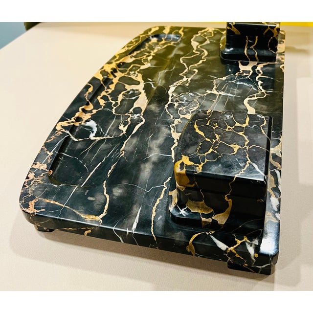 Art Deco Italian Art Deco Portoro Marble Double Inkwell Desk Set, Early 20th Century For Sale - Image 3 of 7