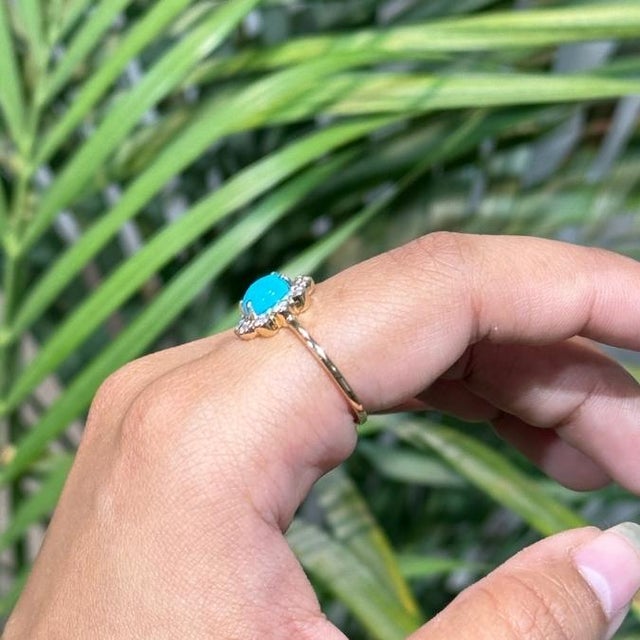 1.25ct Turquoise & Diamond Floral Vintage Cocktail Ring Size 4 in 14k Yellow Gold For Sale - Image 9 of 15