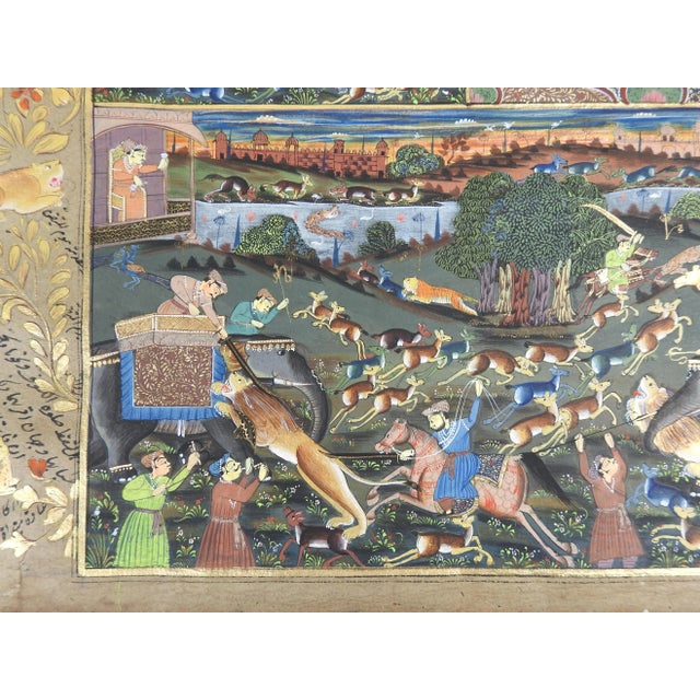 Traditional 19th Century Mughal Miniature Painting Hunters Horses Lion Tiger Elephant For Sale - Image 3 of 9
