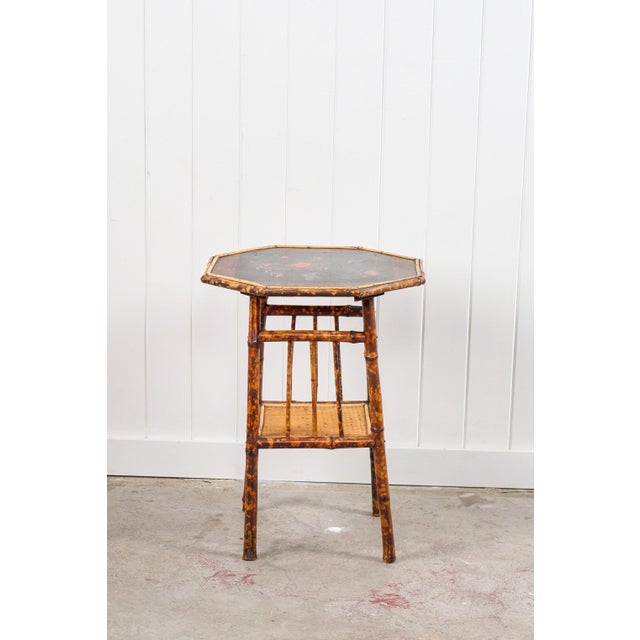 English 19th Century Aesthetic Movement Octagon Tiger Bamboo Two-Tier Side Table With Lacquered Top For Sale - Image 3 of 10