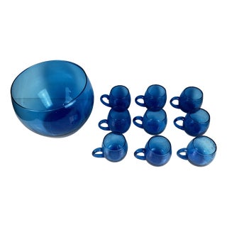 Cobalt Blue Bubbled Glass Punch Set in the style of Biot, 1970, Set of 10 For Sale
