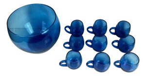 Cobalt Blue Bubbled Glass Punch Set in the style of Biot, 1970, Set of 10