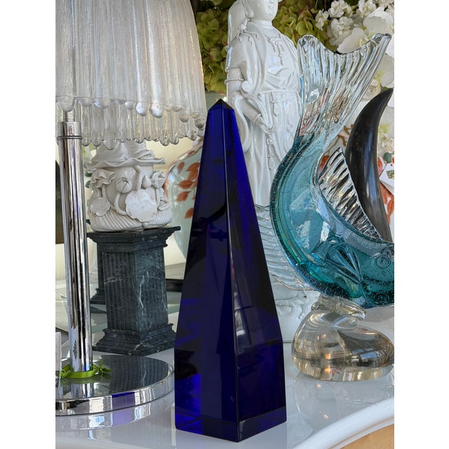 1960s Signed 1960’s Archimede Seguso Cobalt Blue Murano Glass Crystal Obelisk For Sale - Image 5 of 5