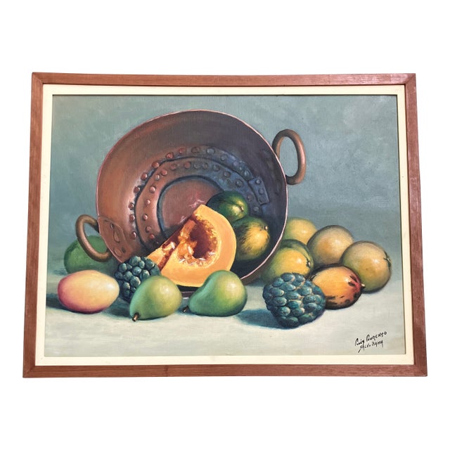 1970’s Original Still Life Painting With Copper Pot & Fruit Original Wood Frame Signed For Sale