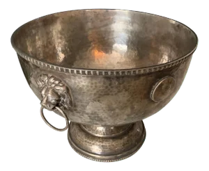 Hammered Silver Plate Bowl with Medallions and Lion Handles