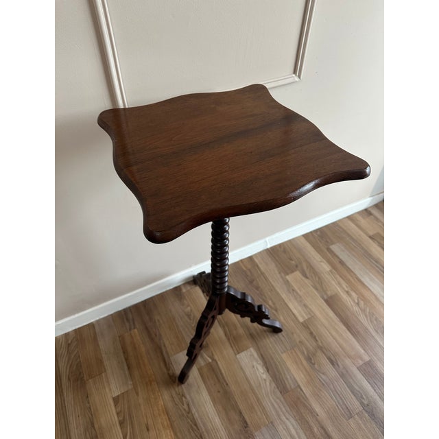 Victorian c.1860 Victorian Barley Twist Tripod Carved Mahogany Wine/Side Table Hand-Carved Pedestal, Scalloped Top For Sale - Image 3 of 8
