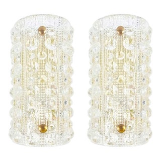 Pair of Scandinavian Glass & Brass Wall Lights/Sconces by Carl Fagerlund for Orrefors, Sweden, 1960s For Sale