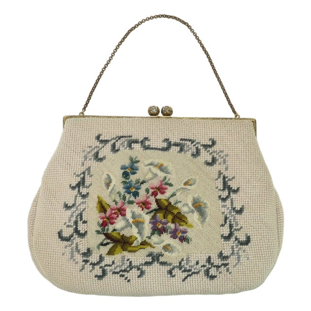 Floral Needlepoint Top Handle Handbag, 1950's For Sale