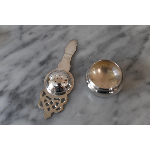 Metal Vintage Loose Tea Leaf Bag Strainer Silver Plate Tea Strainer W Hammered Bowl For Sale - Image 7 of 10