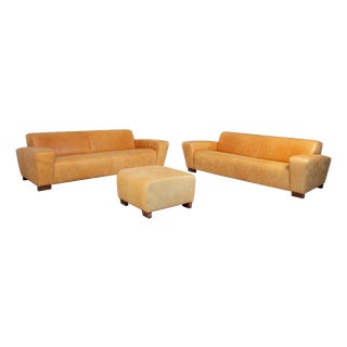 3-Seater Sofas and Ottoman in Cognac Leather from Machalke, Set of 3 For Sale