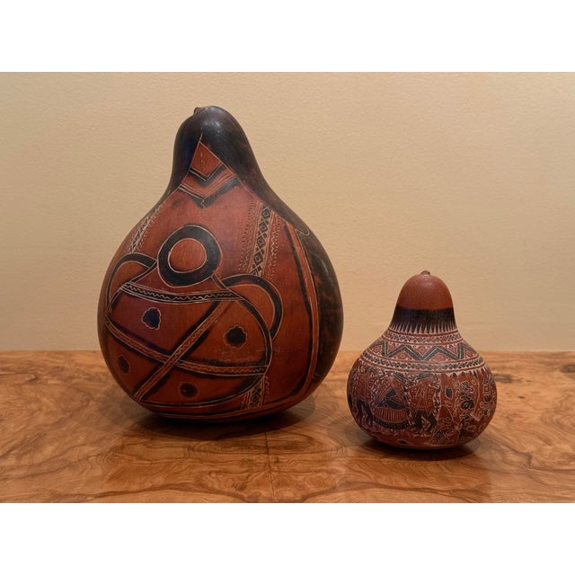 Large Vintage Peruvian Mate Burilado Hand-Carved Storytelling Gourd Rattles – Pair For Sale - Image 12 of 12
