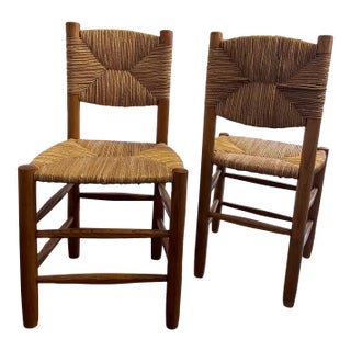 Pair of Charlotte Perriand Wooden Chairs in Ash & Straw, 1960s For Sale