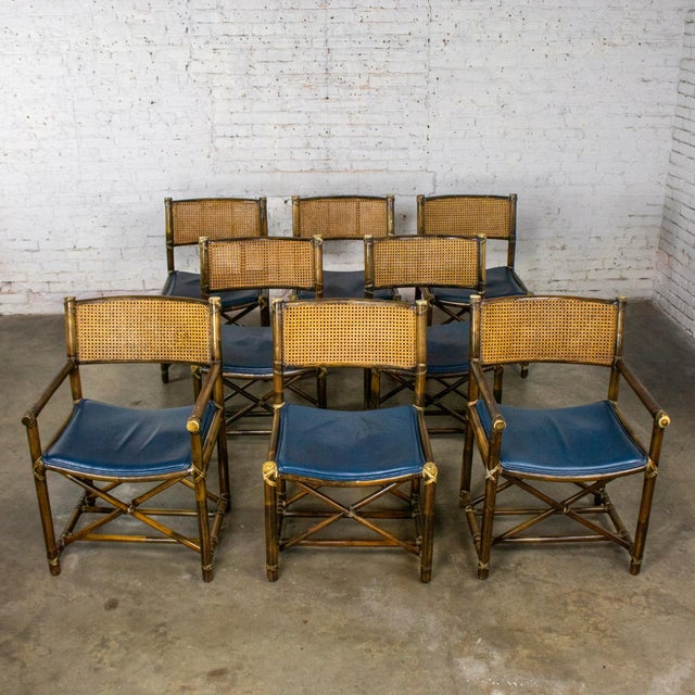 Late 20th Century Late 20th Century Campaign Style Set of 8 Dining Chairs by McGuire Rattan Cane & Navy Leather For Sale - Image 5 of 18