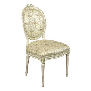 A Single French Louis XV Style Side Chair or Desk Chair Painted White With Green Accents. Floral Pattern Silk or Satin Upholstery 1930s For Sale