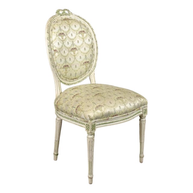 A Single French Louis XV Style Side Chair or Desk Chair Painted White With Green Accents. Floral Pattern Silk or Satin Upholstery 1930s For Sale