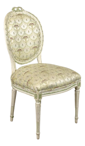 A Single French Louis XV Style Side Chair or Desk Chair Painted White With Green Accents. Floral Pattern Silk or Satin Upholstery 1930s