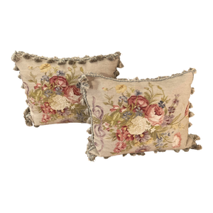 Floral Needlepoint & Velvet Pillows -a Pair