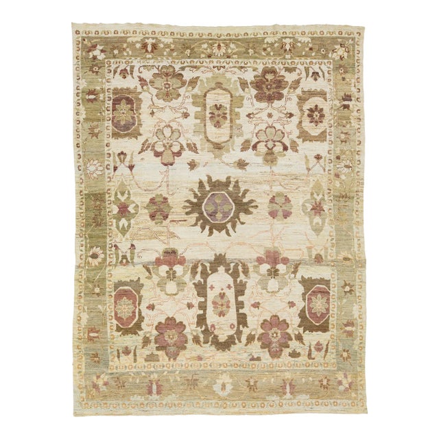 Allover Floral Contemporary Oushak Style Handmade Wool Rug in Beige For Sale