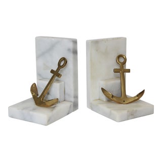 Mid 20th Century Marble and Brass Anchor Bookends - a Pair For Sale