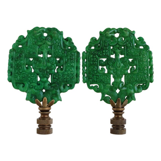 Chinese Archaic Style Carved Stone Lamp Finials on Bronze Hardware - A Matching Pair For Sale