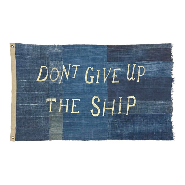 Large Patchwork Indigo Flag, Don't Give Up the Ship, Unique For Sale