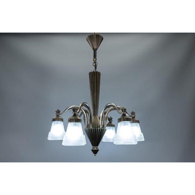 Art Deco French Bronze and Frosted White Glass Six-Light Chandelier, 1930s For Sale - Image 18 of 18