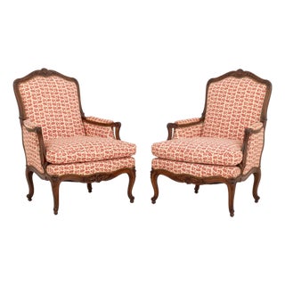 Pair of Louis XV Style Red and White Fabric Upholstered Walnut Bergeres For Sale