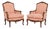 Pair of Louis XV Style Red and White Fabric Upholstered Walnut Bergeres For Sale