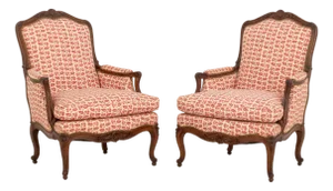 Pair of Louis XV Style Red and White Fabric Upholstered Walnut Bergeres