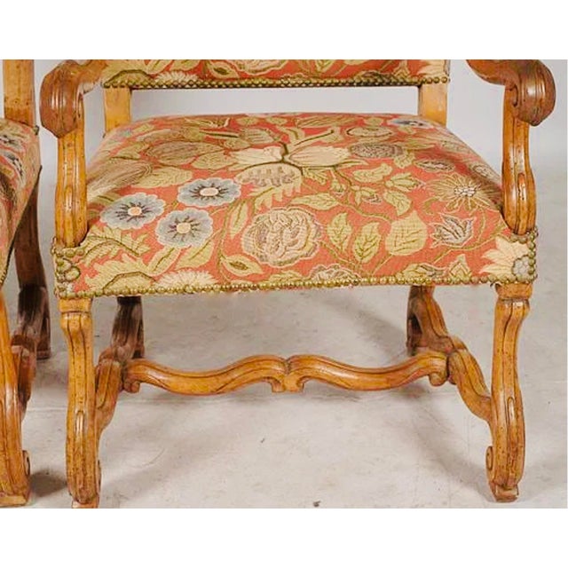Spanish Revival Pair of Antique French Louis Xiii–xiv Style Walnut Armchairs, Newly Upholstered For Sale - Image 3 of 7