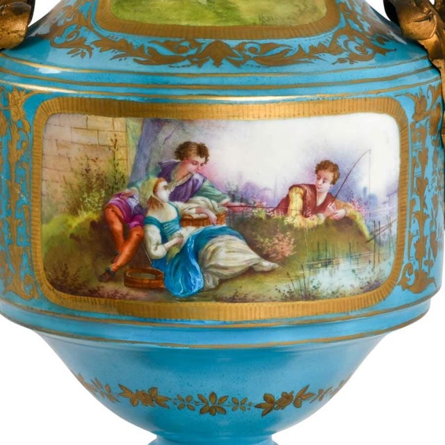 Turquoise Monumental French Sèvres Style Turquoise Porcelain Urn With Ormolu Mounts For Sale - Image 8 of 12
