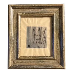 Contemporary Original Judy Henn Dog Ink Drawing on Silver Leaf Framed