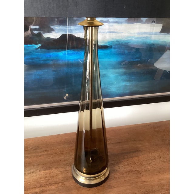 Mid-Century Modern 1950s Tall Smoky Amber Glass Table Lamp With Brass Base & Black Shade – Newly Rewired For Sale - Image 3 of 5