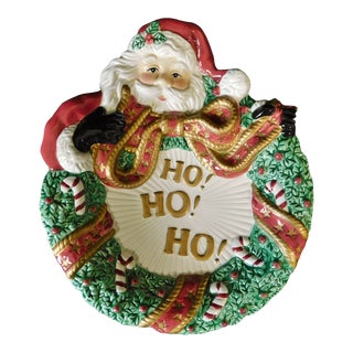 Fitz and Floyd Essentials Ceramic Ho Ho Ho Santa Claus Christmas Wreath Canape Plate For Sale