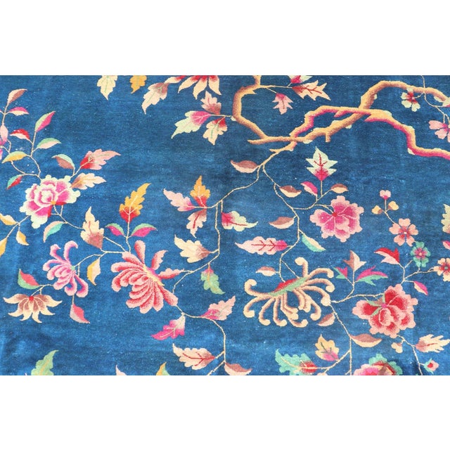 Early 20th Century Blue Background Chinese Art Deco Rug With Large Vining Flowers and Leaves For Sale - Image 4 of 12