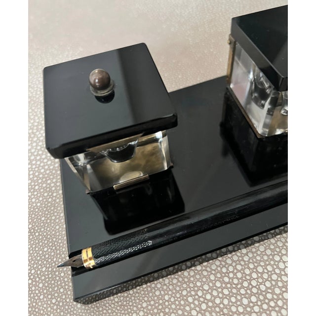 Black Glass Ink Well with Brass Accents, Crystal Wells and Dipping Pen For Sale - Image 11 of 12