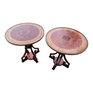 Pair of Neoclassical Greek Key Inlaid Pedestal Side Tables With Custom Glass Tops For Sale
