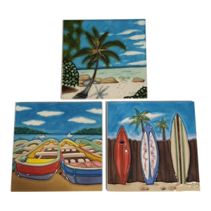 Ping Ceramic Art Tile Set Lot of 3 Beach Surf Boats Wall Hanging Easel Trivet