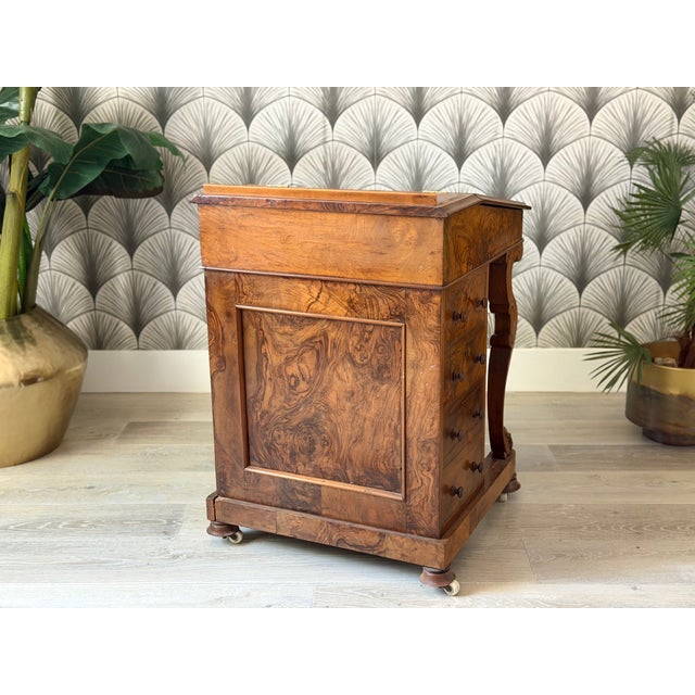 Antique Victorian Burl Walnut Wood and Leather Davenport Writing Table Secretary Desk For Sale - Image 12 of 18