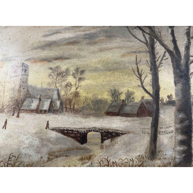 A charming late 19th-century antique American school winter scene painting depicting a rural farmstead blanketed in thick...