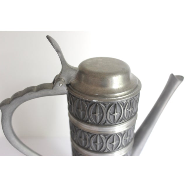 Mid-Century Modern Mid 20th Century Pewter Coffee Pot, Tall Norwegian Lidded Pitcher With Black Detail and Patina, Vintage Haugrud Norway Zinn Handle For Sale - Image 3 of 10