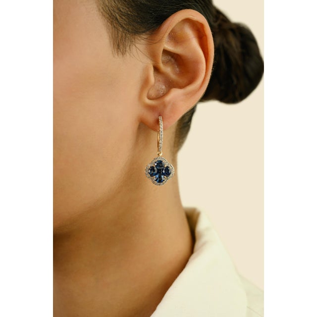Contemporary 14k Gold Regal 4.55 Ct Deep Sapphire & Diamond Cluster Drop & Dangle Earrings- 2 Pieces For Sale - Image 3 of 12