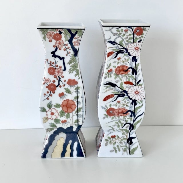 White Vintage MCM Japanese Imari Porcelain Square Waisted Vases-Set of 2 For Sale - Image 8 of 8