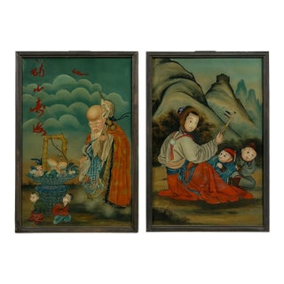 Pair of Chinese Reverse Glass Paintings — Republic Period, Circa 1938–1946 — Longevity & Domestic Harmony For Sale
