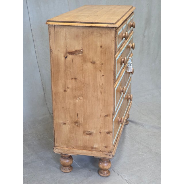 Antique English Edwardian Natural Pine Chest of Drawers With Blue French Line For Sale - Image 13 of 14