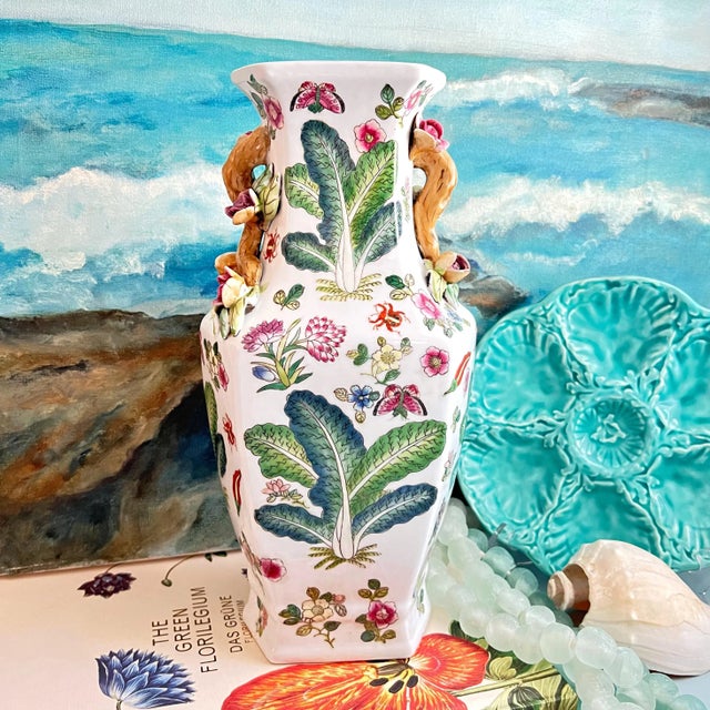 Large Chinoiserie Famille Verte Bok Choy Porcelain Vase With Floral