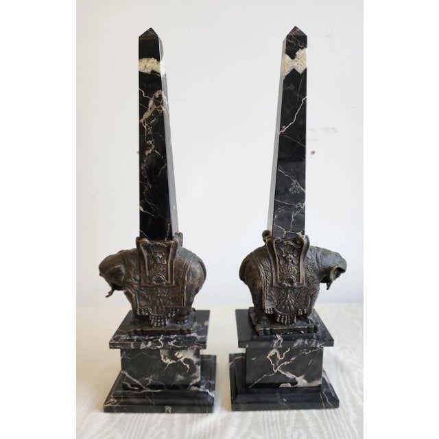 Bernini Pair of Antique Grand Tour Portero Marble Obelisks With Bernini Style Bronze Elephants For Sale - Image 4 of 15